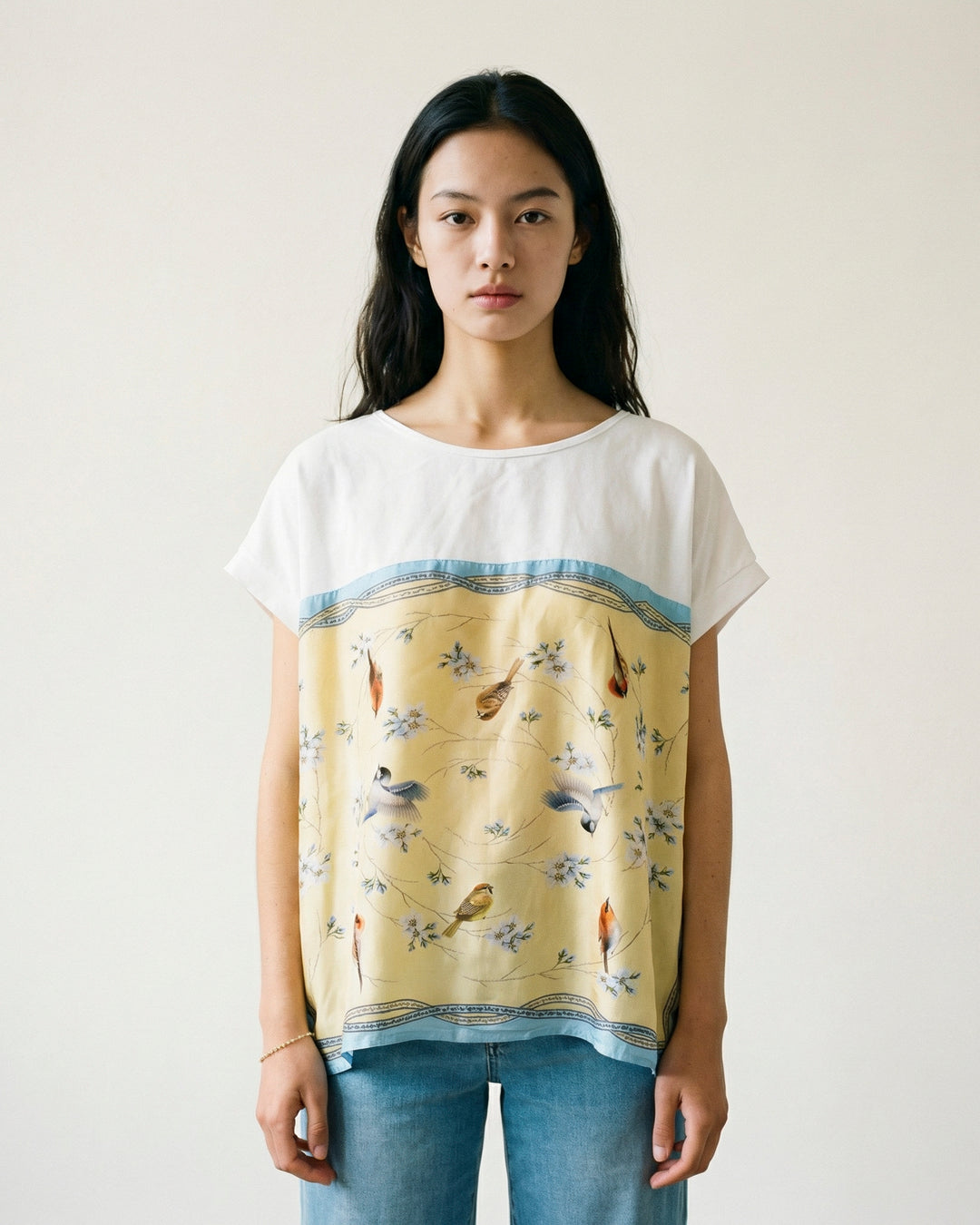 T-shirt imprimé oiseaux et fleurs délicat fluide KD8860-9