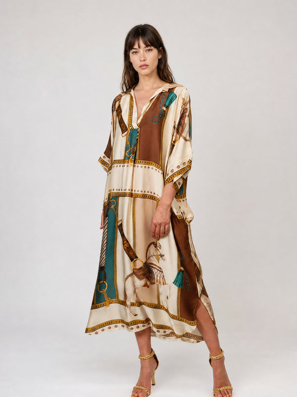 Robe satinée ample à imprimé équestre KD8966VS-2