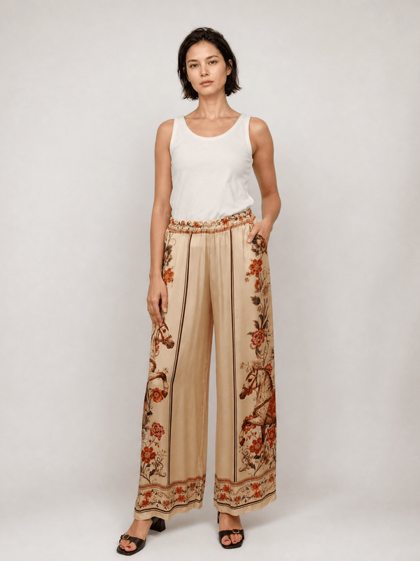 Pantalon large satiné imprimé cheval fleuri KD9099VS-21