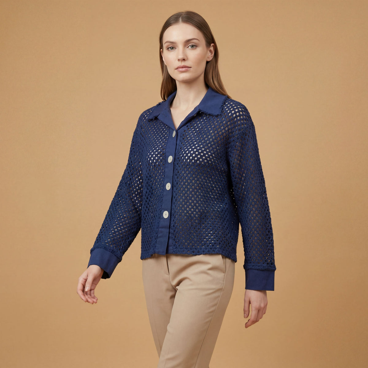 Openwork knit vest with shirt collar   mf56009 