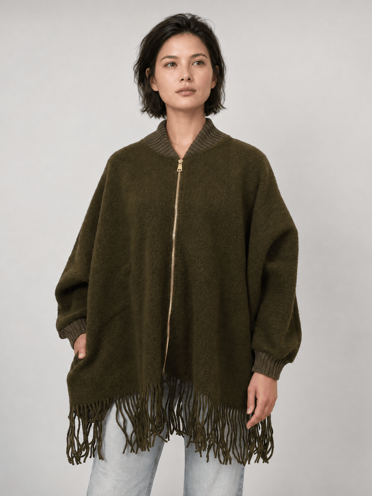 Poncho à franges zippé manches chauve-souris – MJ84202
