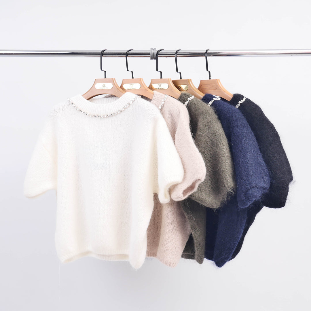 Round Neck Mohair Sweater with Rhinestones MCL24123