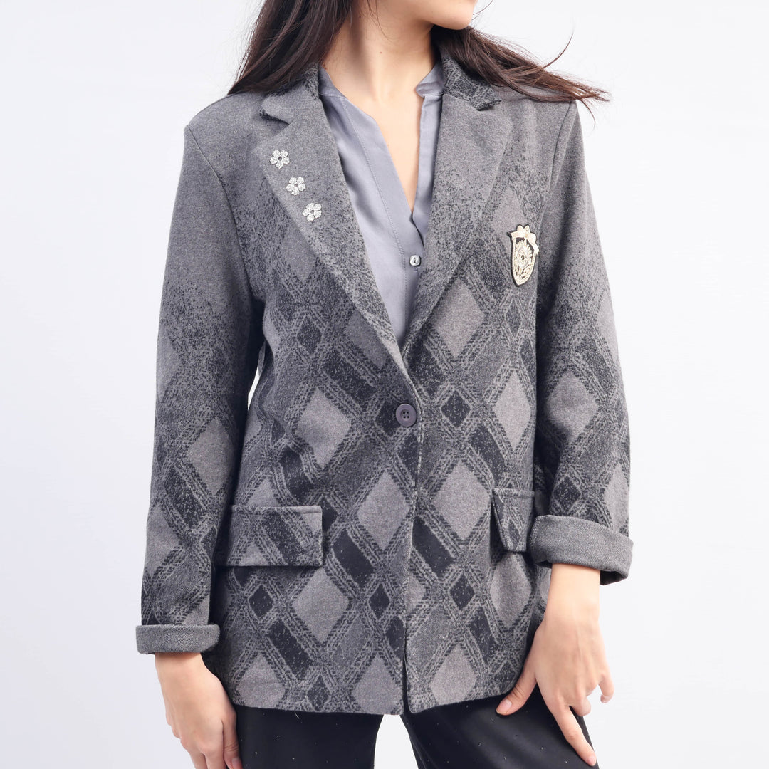 Checkered Blazer with Floral Patch CVA524809