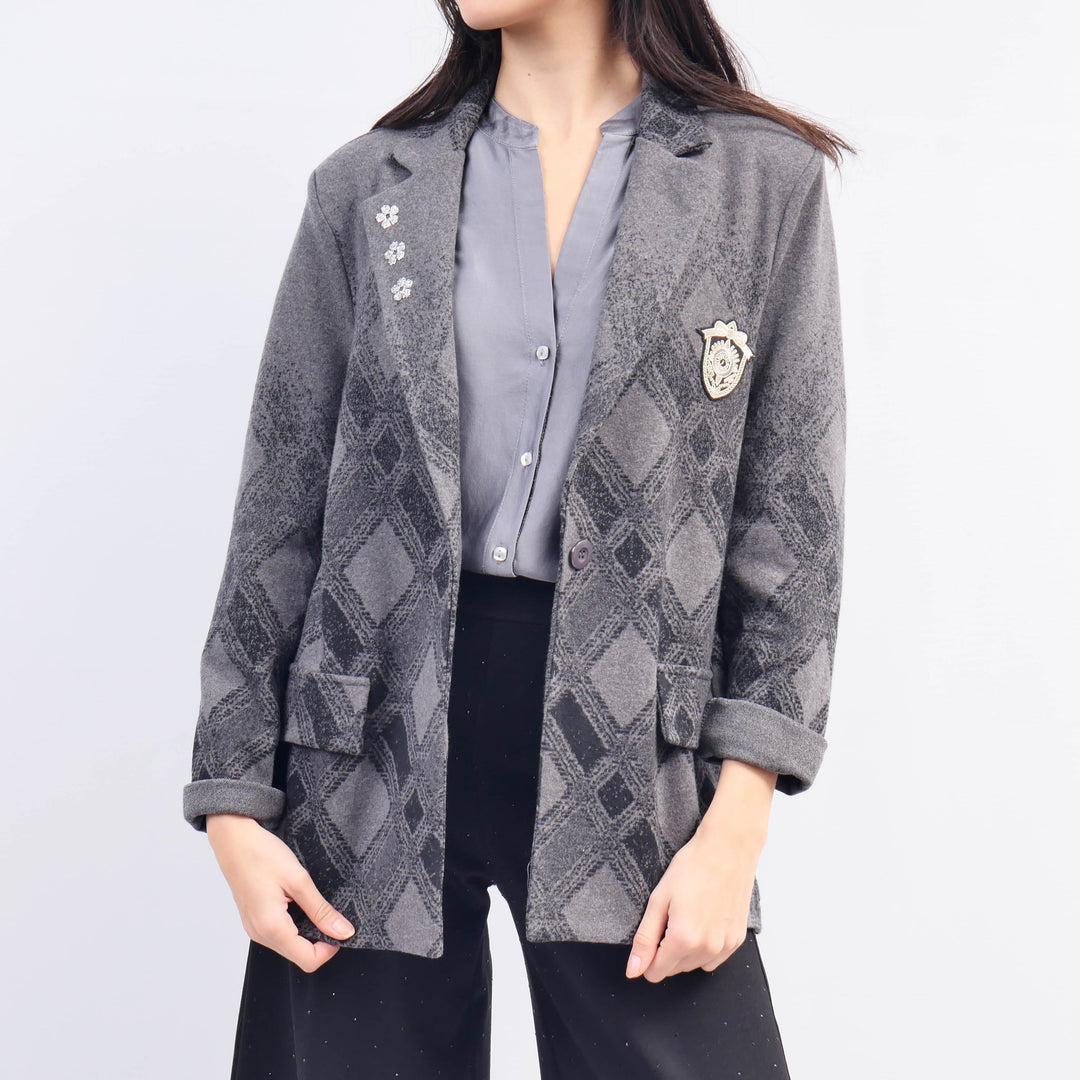 Checkered Blazer with Floral Patch CVA524809