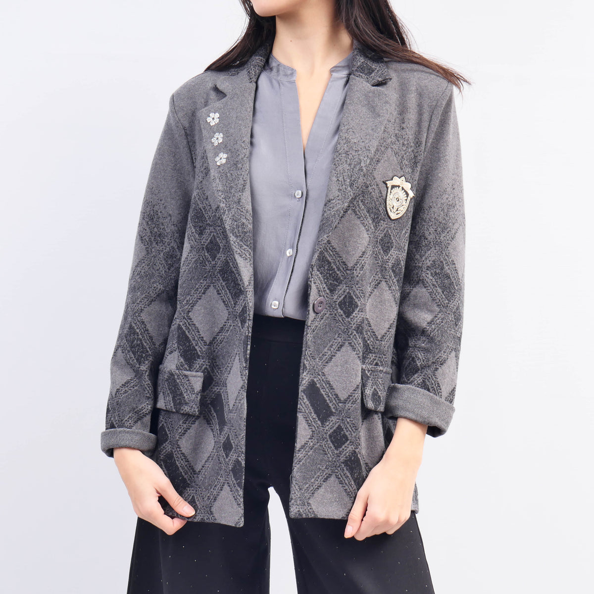 Checkered blazer with floral patch cva524809