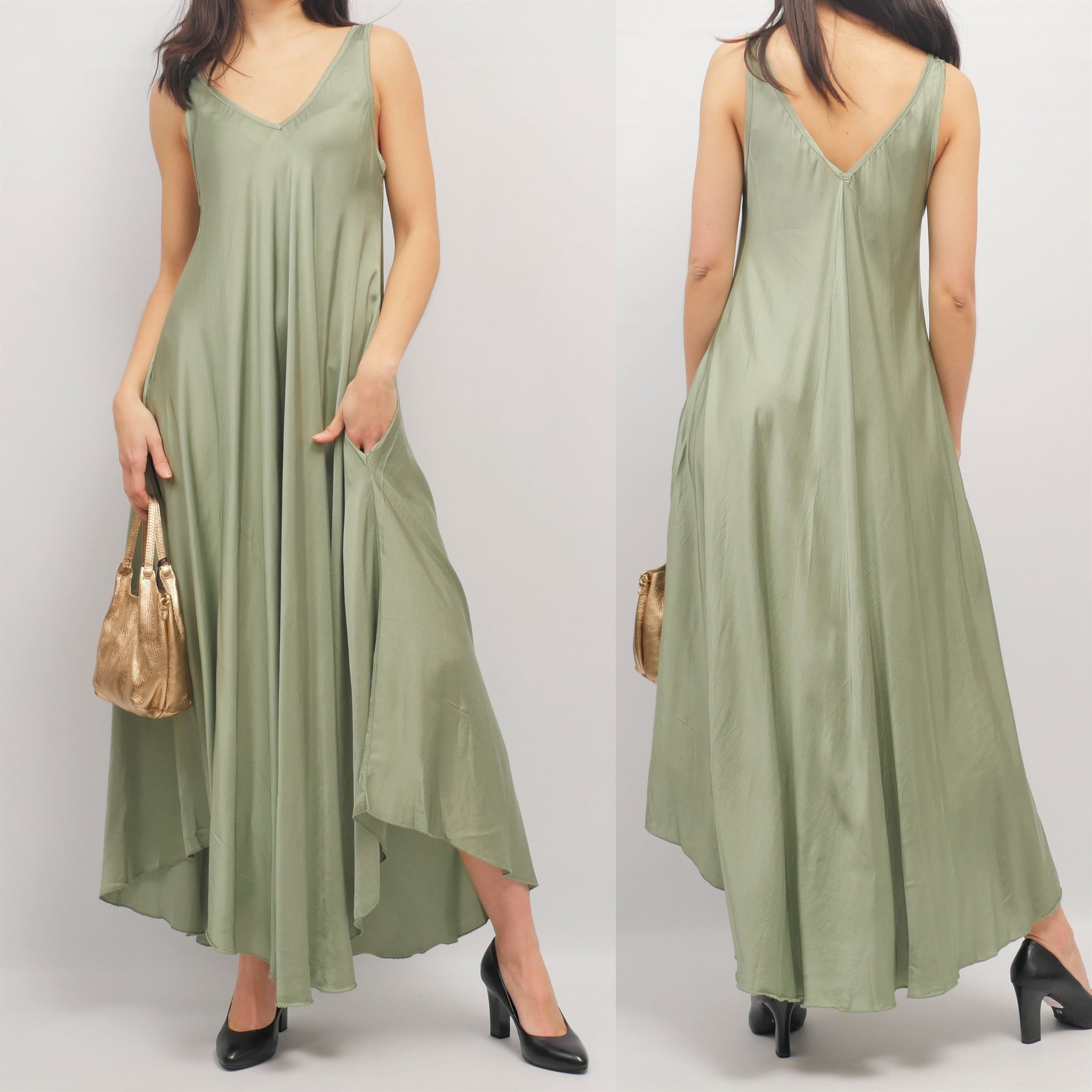 Robe longue fluide col V vert sauge – DS14196VS