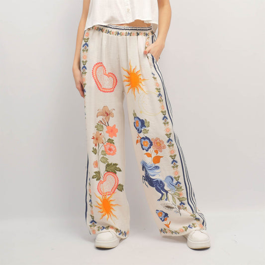 Pantalon large imprimé cheval & soleil en tencel – KD9088TC