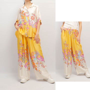 Pantalon large imprimé floral multicolore fond jaune KD6637VS-18