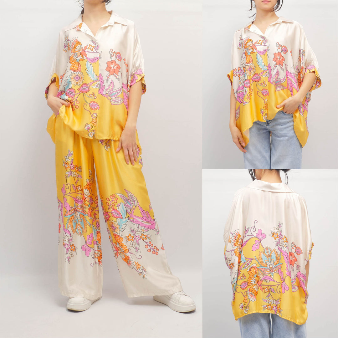 Loose-fitting blouse with floral print on a yellow background and a shirt collar KD8758VS-18