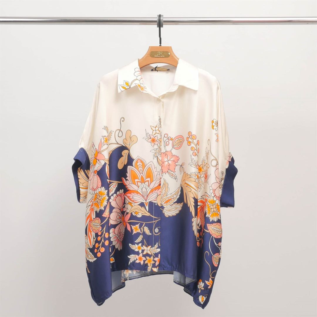 Loose-fitting blouse with floral print on a yellow background and a shirt collar KD8758VS-18