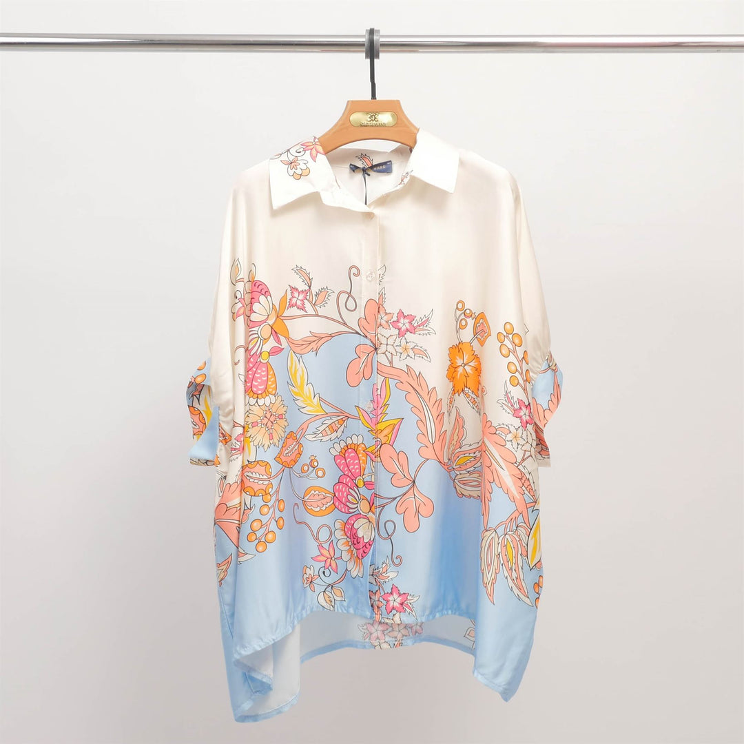 Loose-fitting blouse with floral print on a yellow background and a shirt collar KD8758VS-18