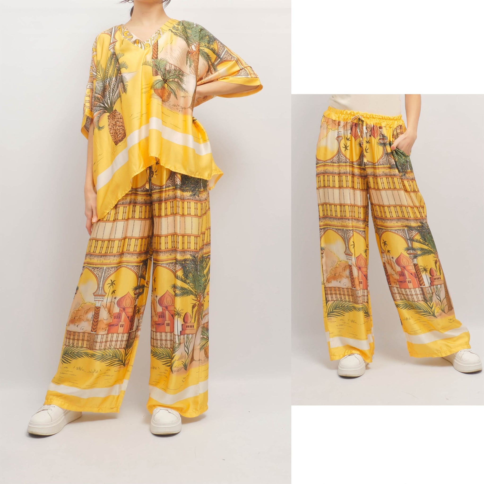 Pantalon large imprimé oriental fond jaune taille élastique KD6637VS-3
