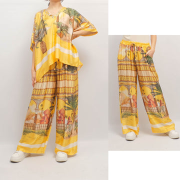 Pantalon large imprimé oriental fond jaune taille élastique KD6637VS-3