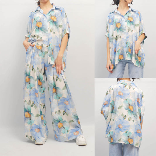 Chemise oversize imprimé fleurs bleues fond ivoire KD8758VP