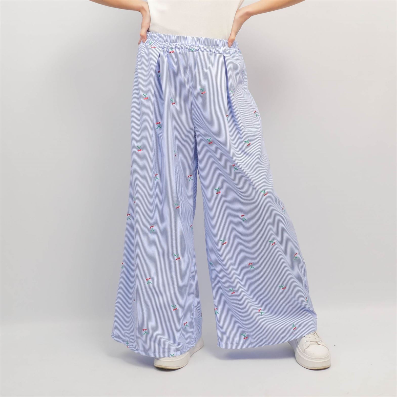 Pantalon large rayé à broderies cerises  TDM19123-1