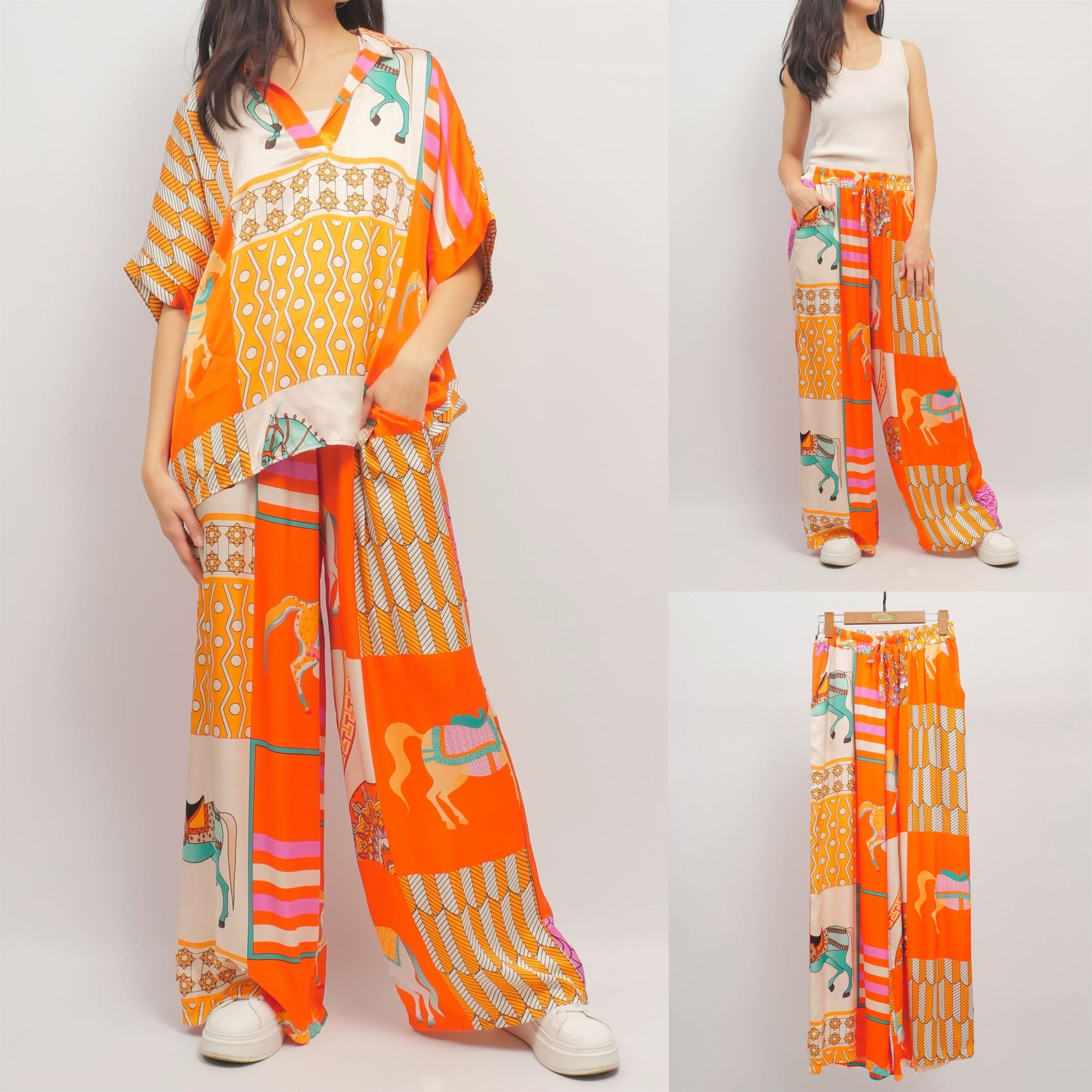 Pantalon large imprimé foulard équestre en viscose soie - KD6637VS-20