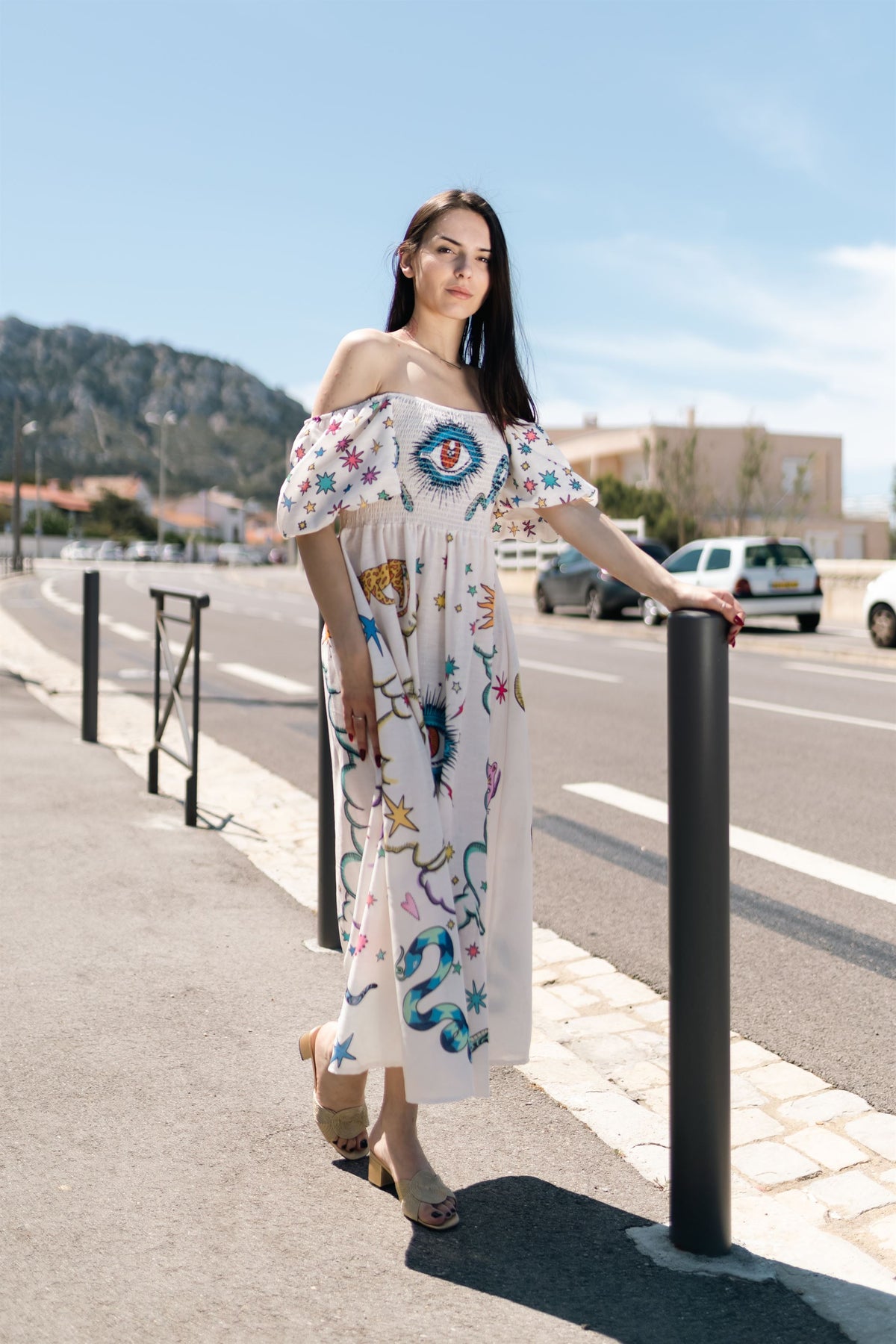 Printed maxi dress with balloon sleeves css251057