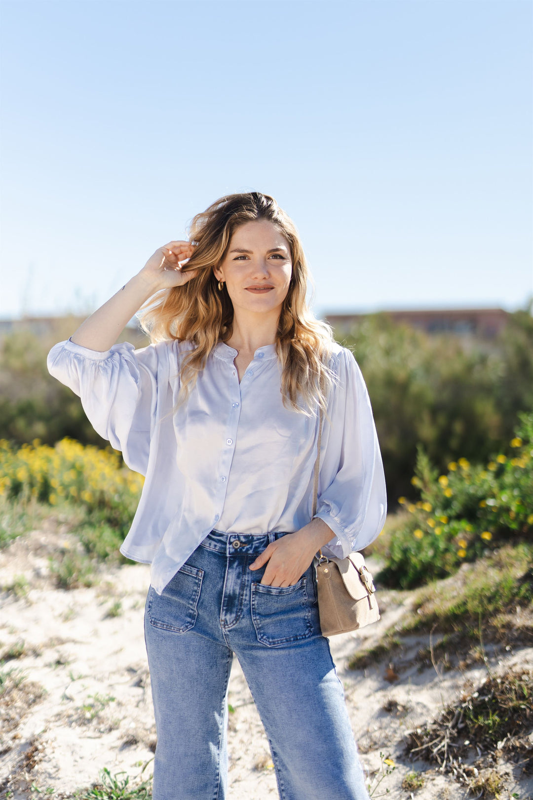 Flowy, gathered blouse with a round neck MJ60244VS