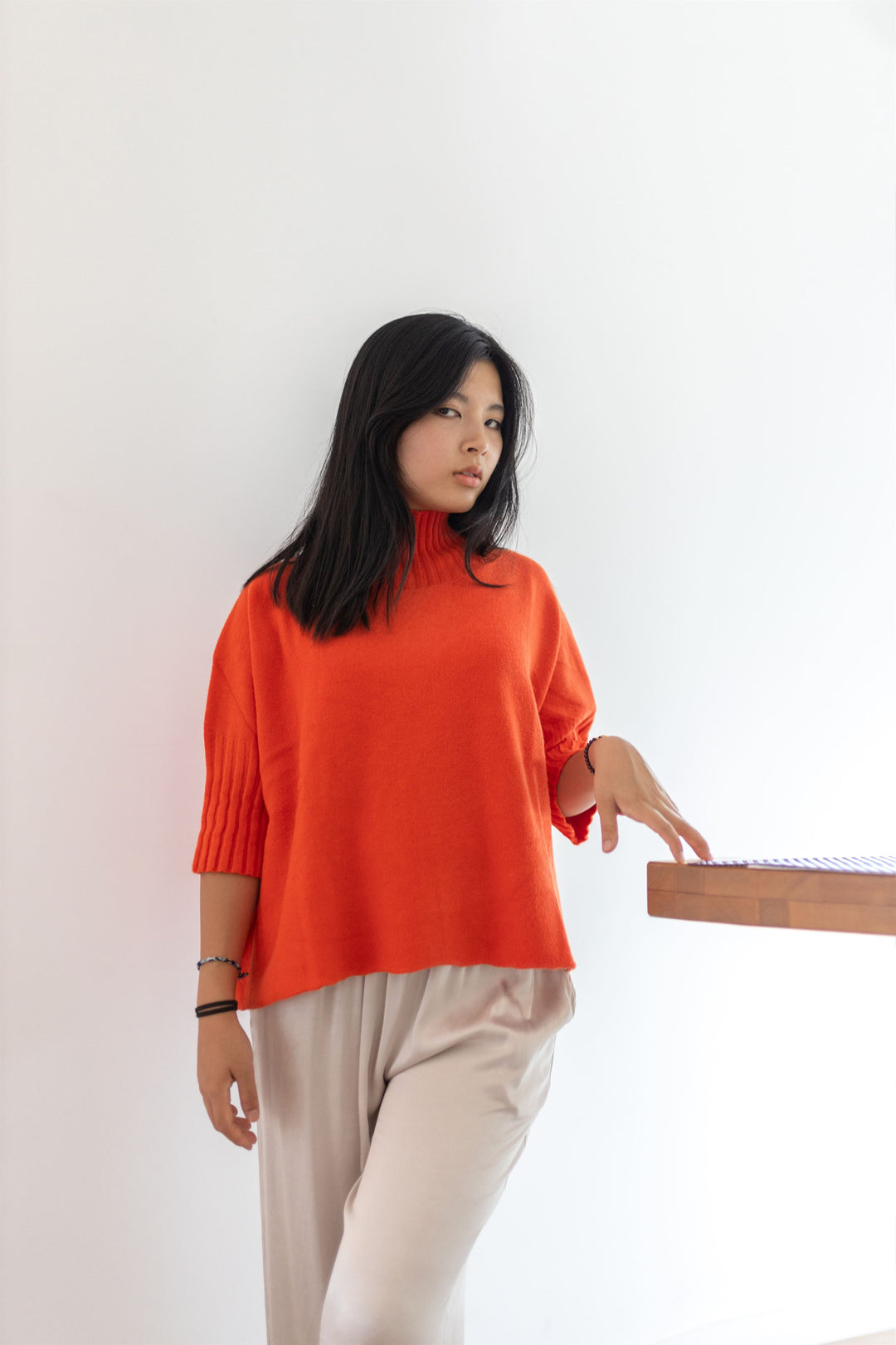 Oversized ribbed turtleneck sweater with short sleeves YF370164