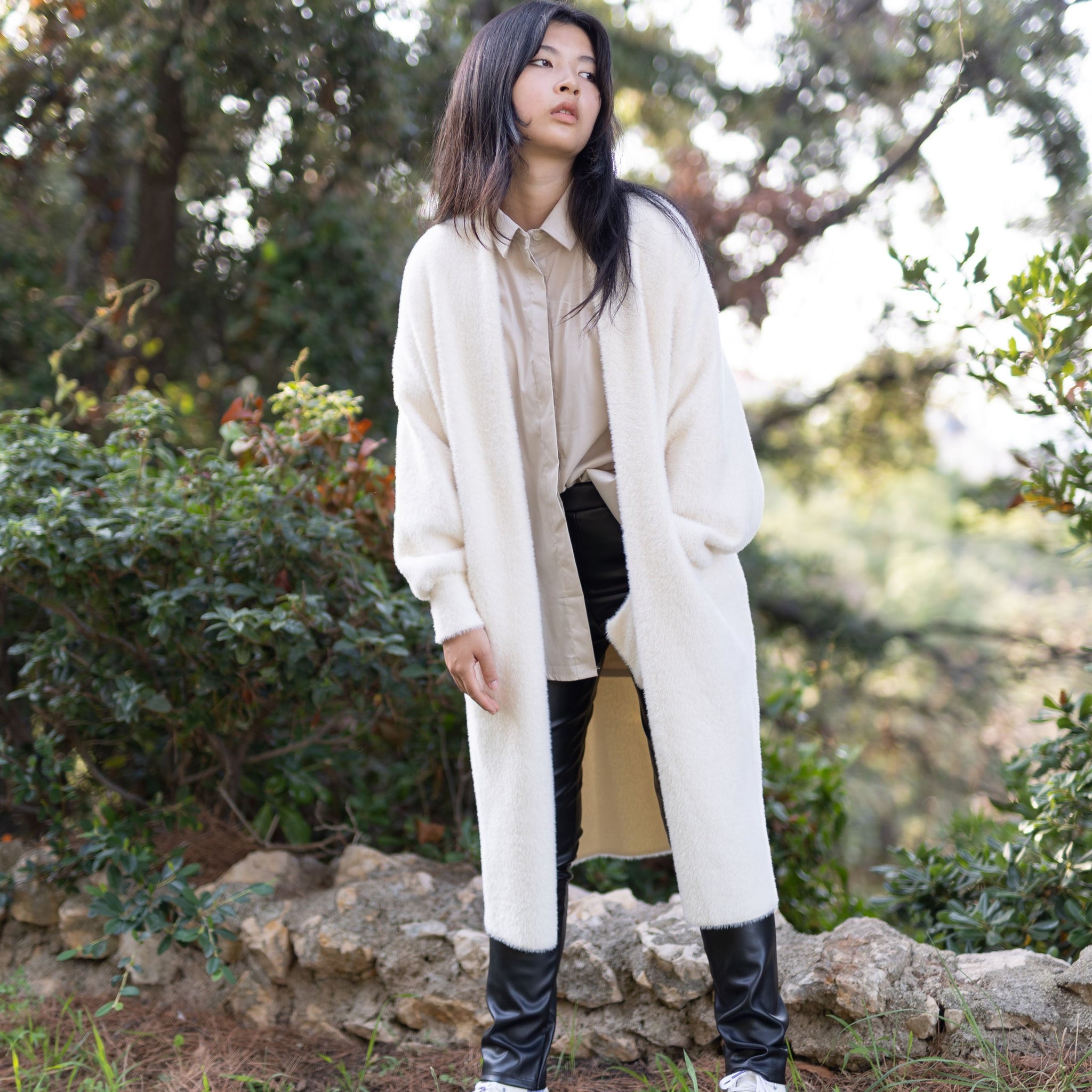 Manteau long en maille duveteuse sans fermeture DSY2128