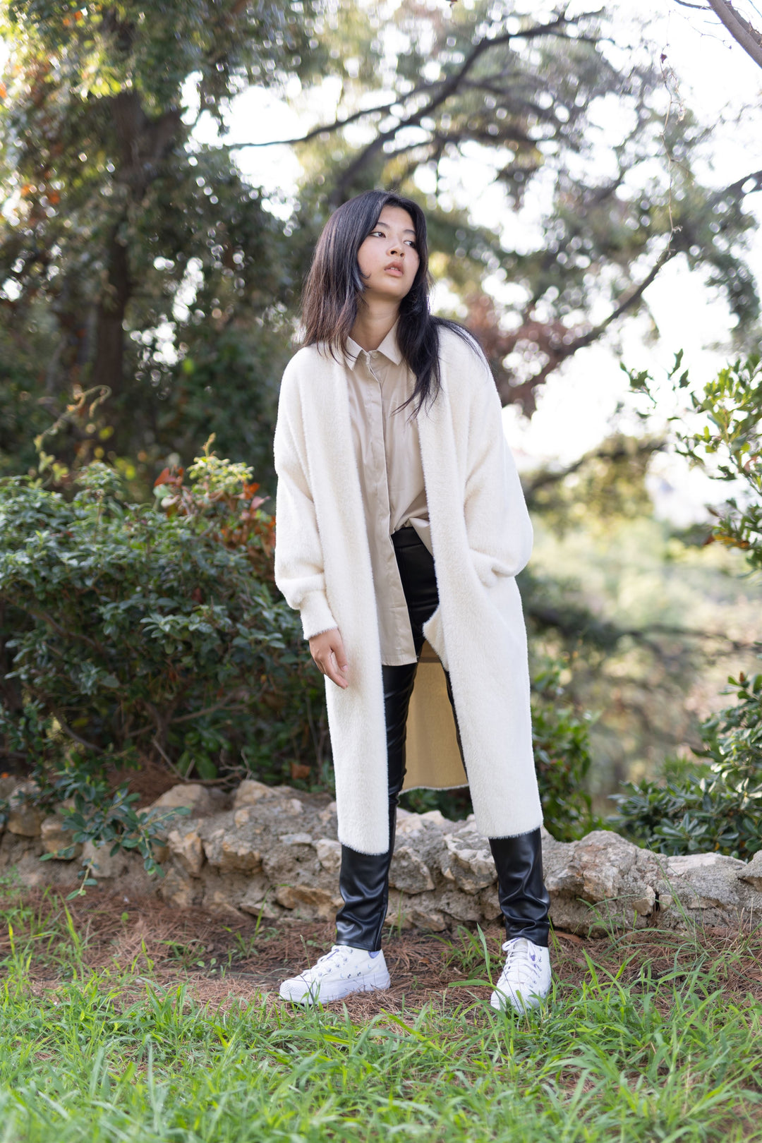 Manteau long en maille duveteuse sans fermeture DSY2128