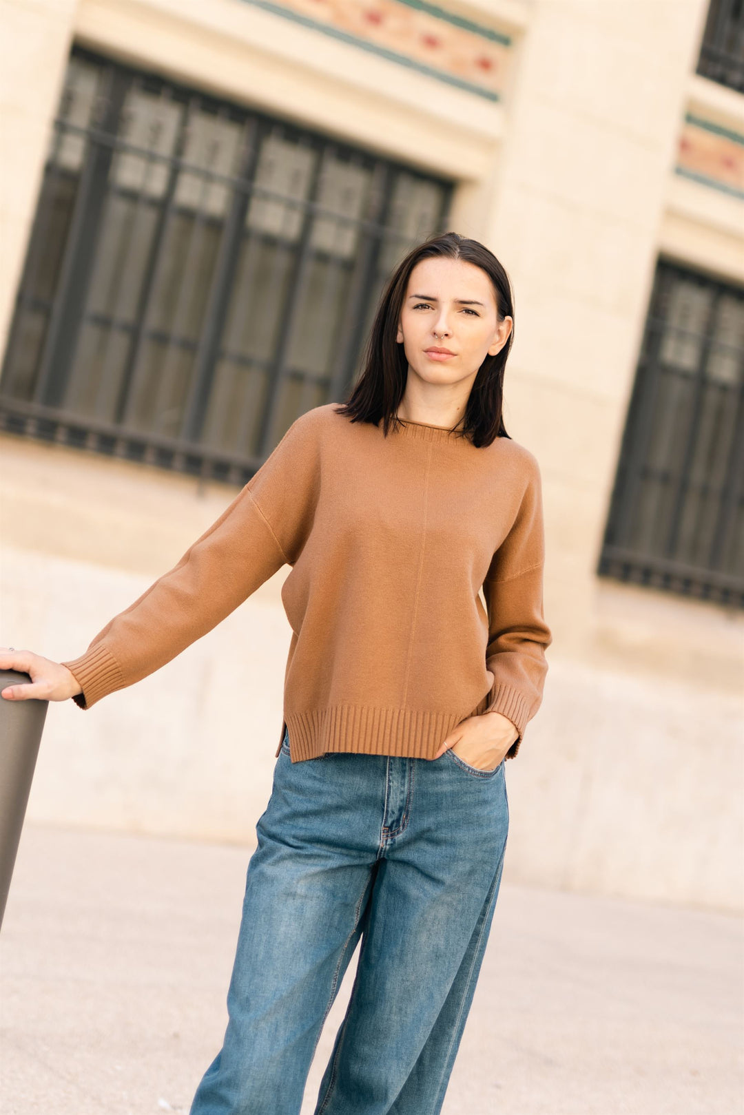 Fine knit crew neck sweater with center seam DSY8677