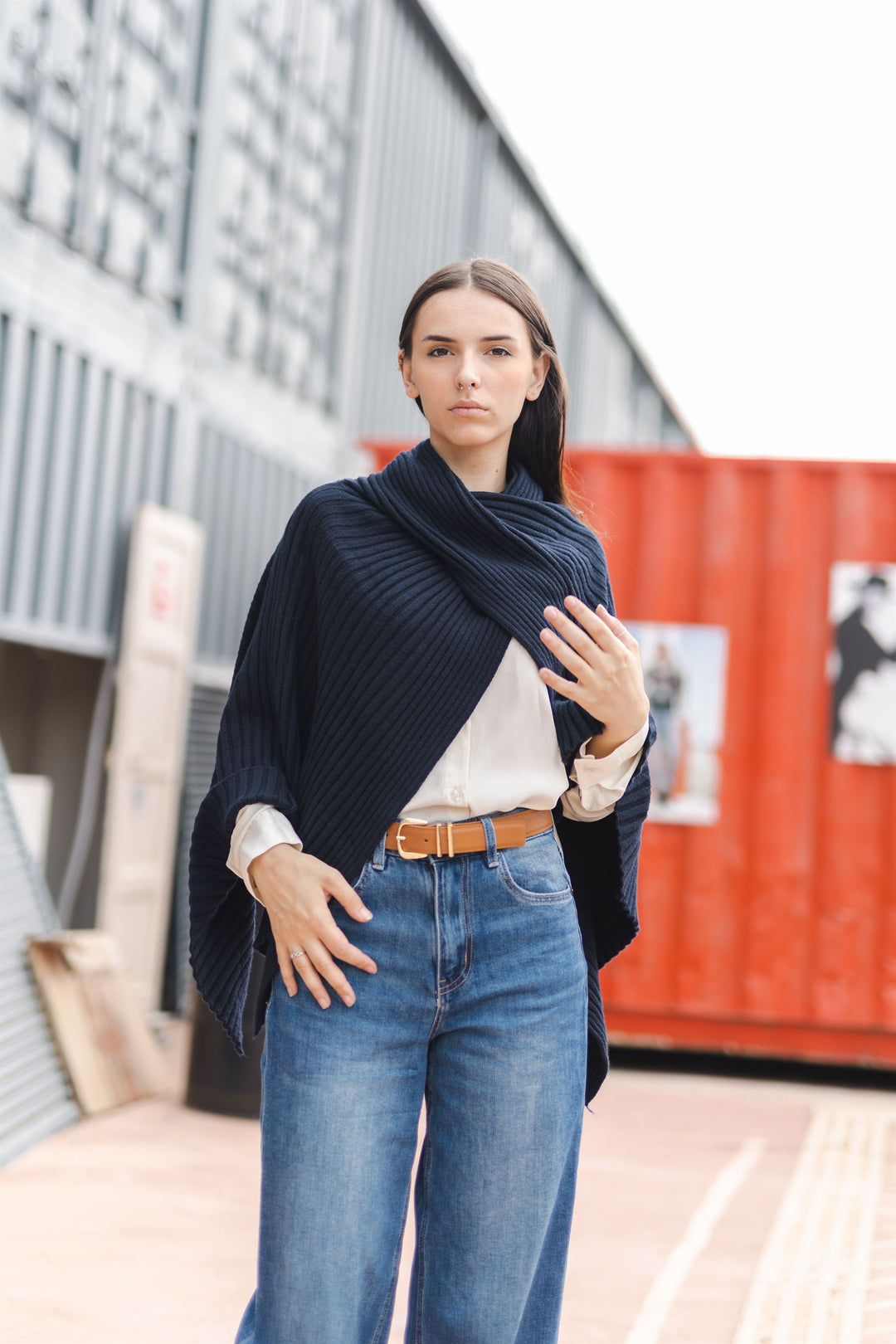 Asymmetrical ribbed poncho in soft knit DSY8933