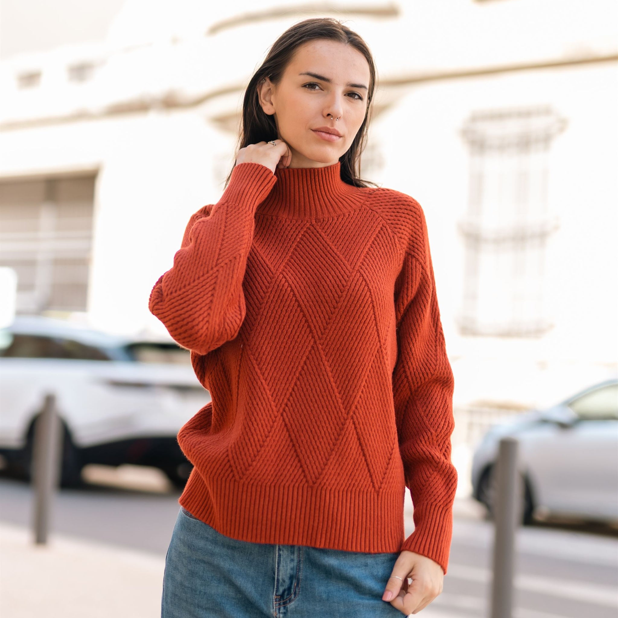 Pull col montant à motif losange en maille épaisse DSY9351