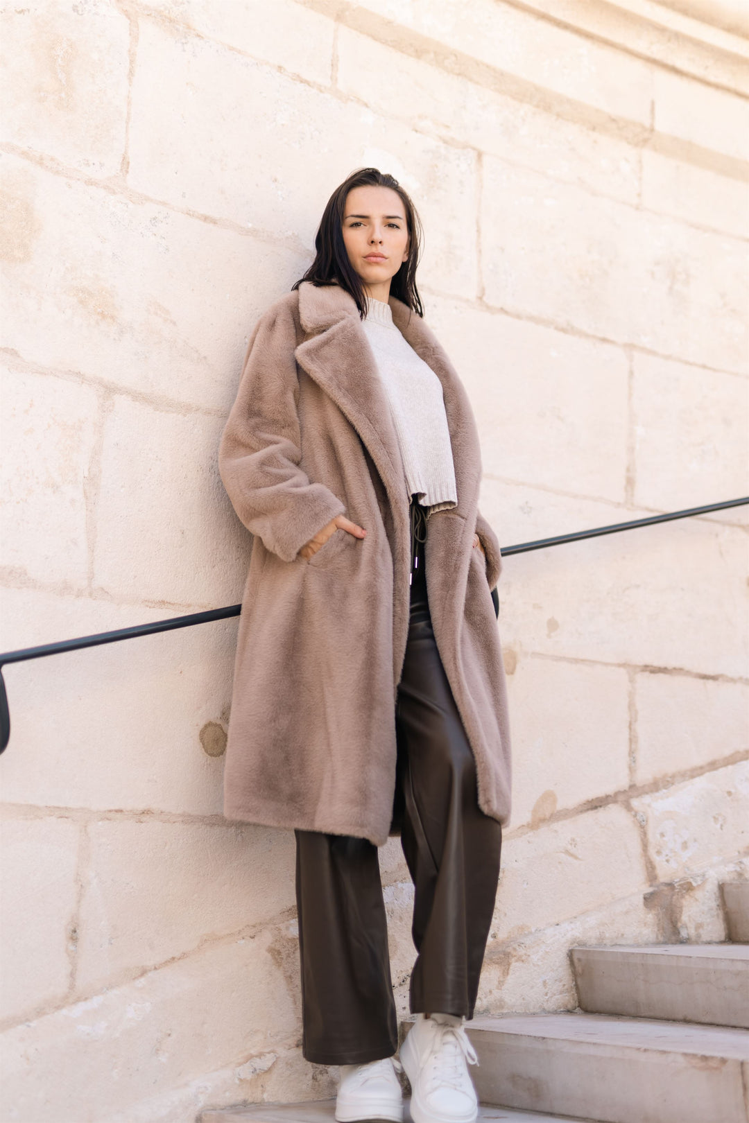 Long faux fur coat with lapels DSY2172