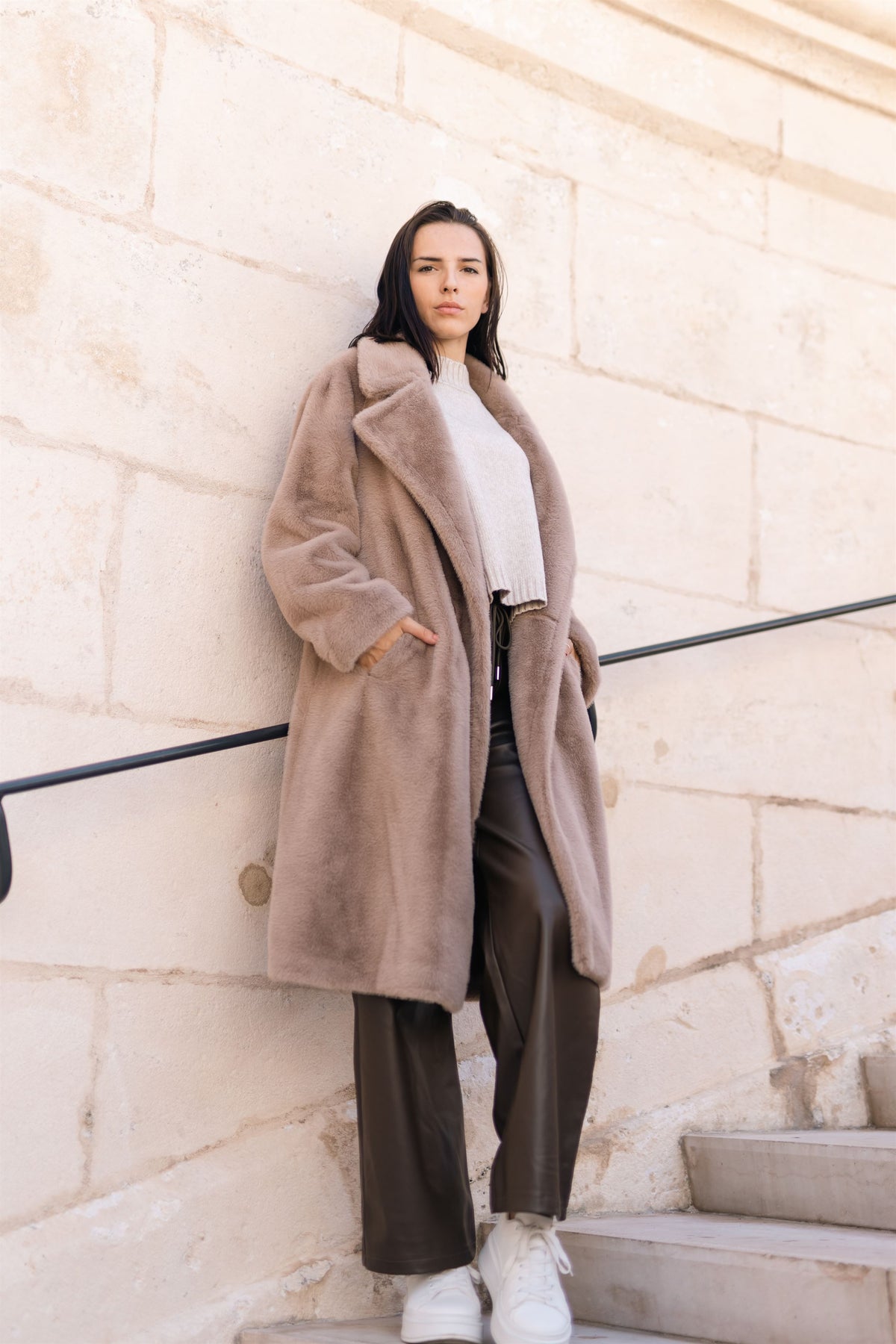 Long faux fur coat with lapels dsy2172