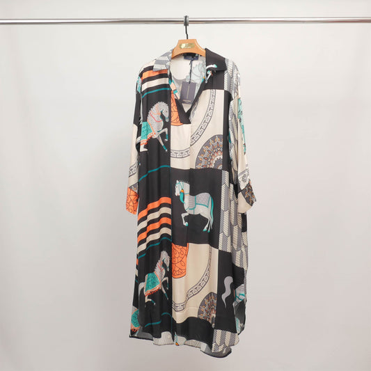 Robe longue imprimé équestre col chemise KD6120VS-20