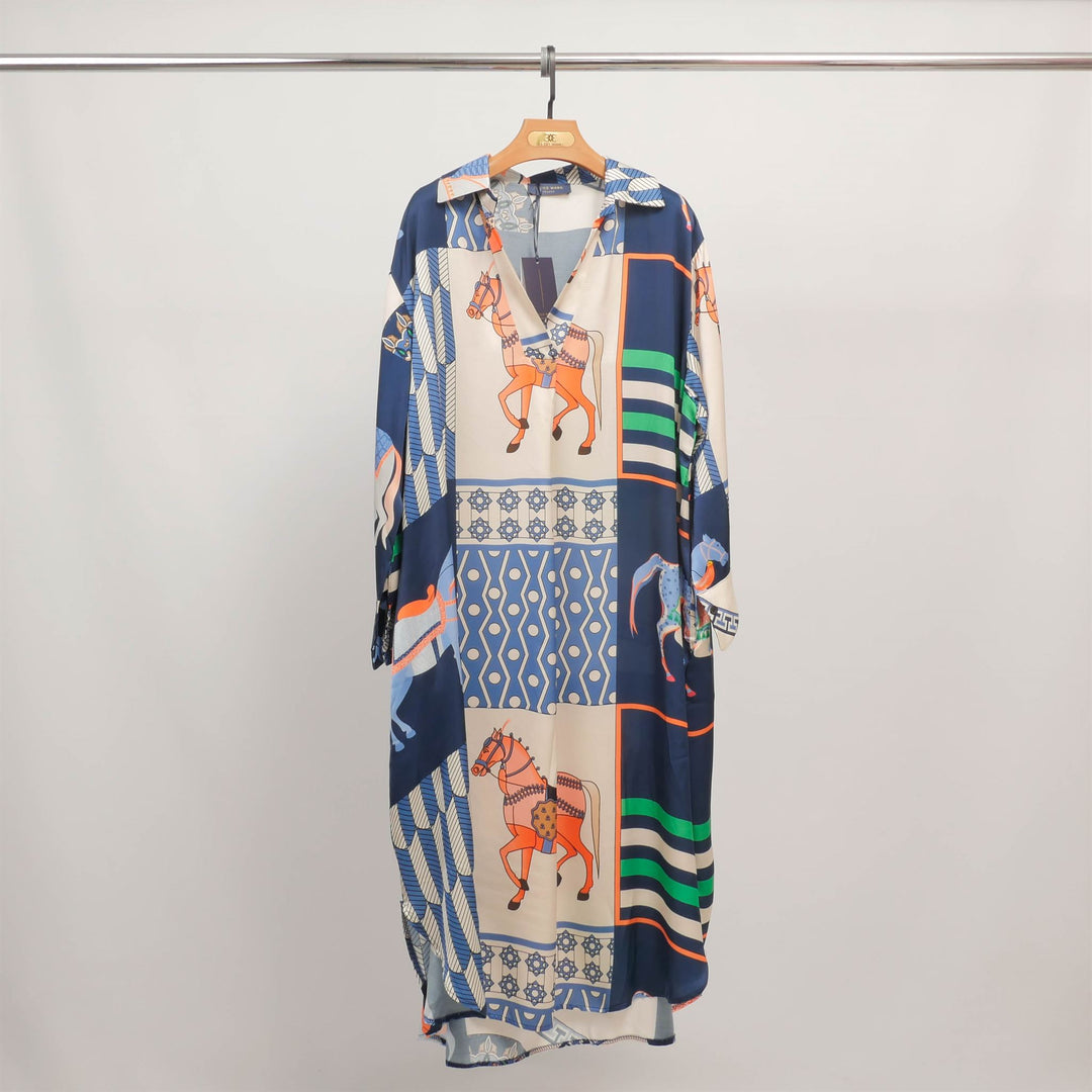 Long equestrian print dress with shirt collar KD6120VS-20