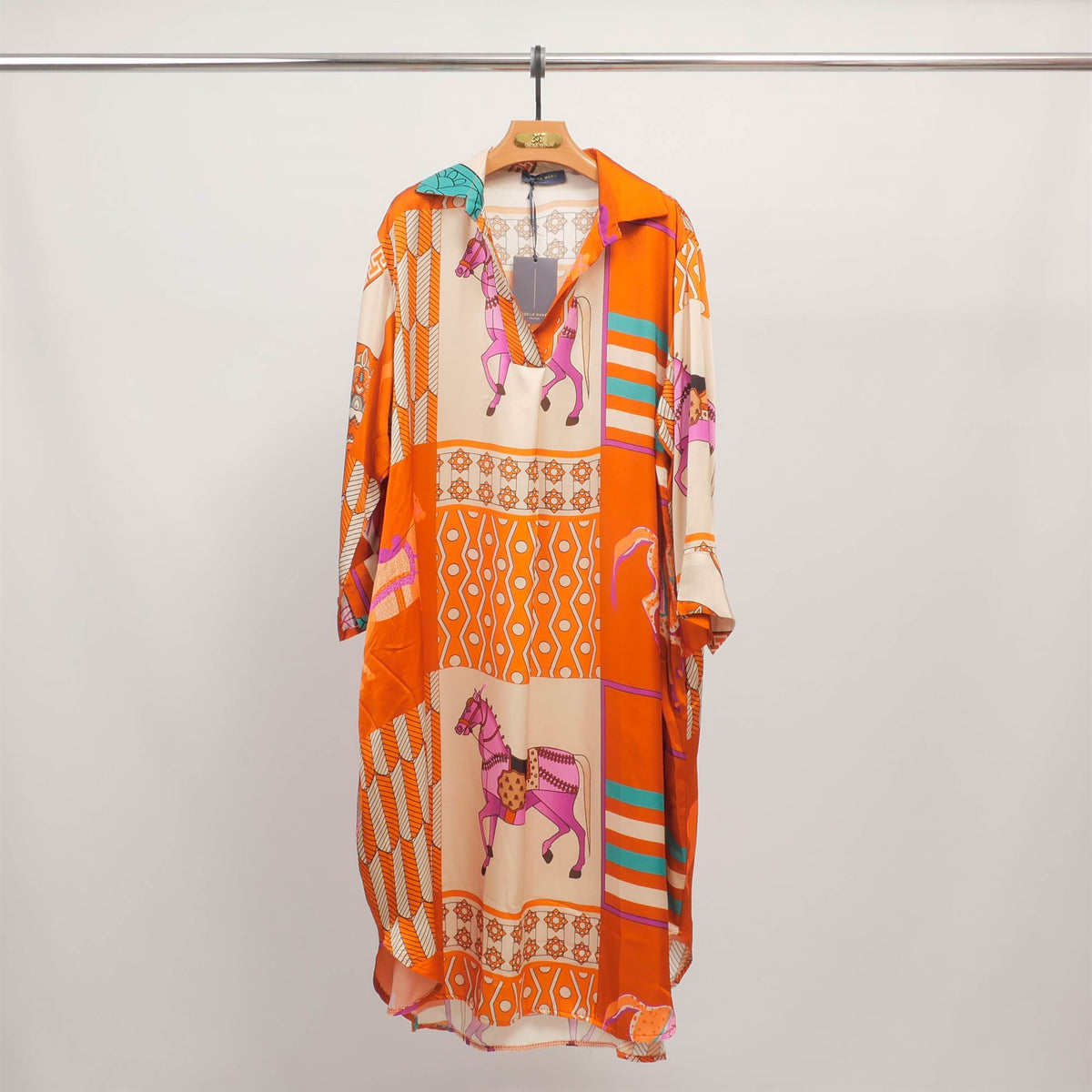 Long equestrian print dress with shirt collar kd6120vs 20