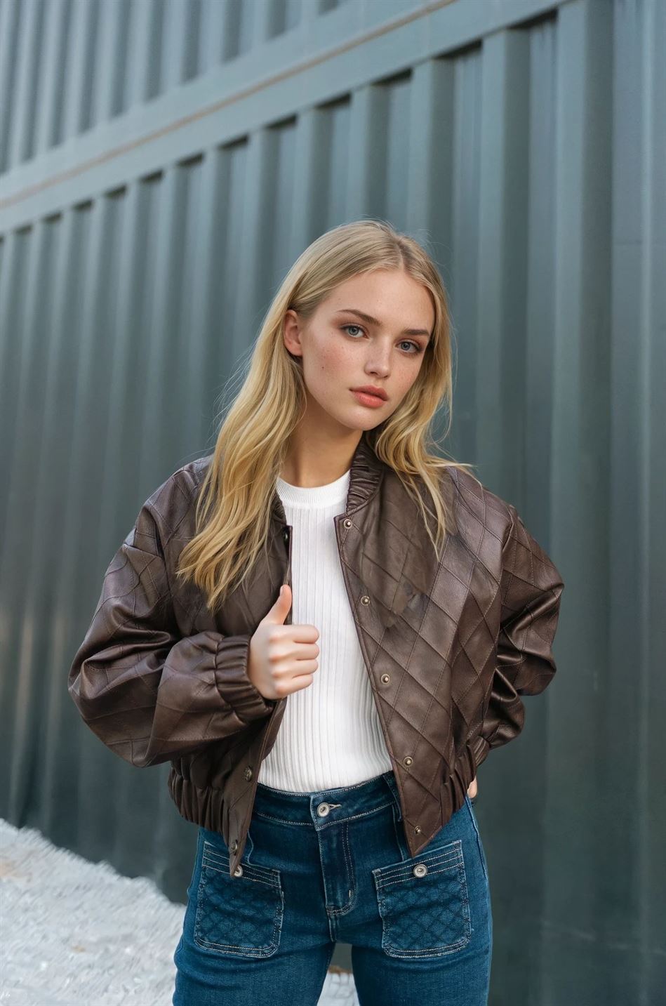 Veste matelassée en simili cuir chocolat MJ264035