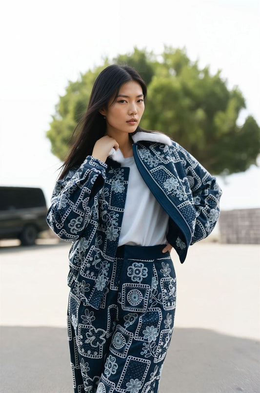 Veste bomber imprimé floral brodé col fausse fourrure MJ264445