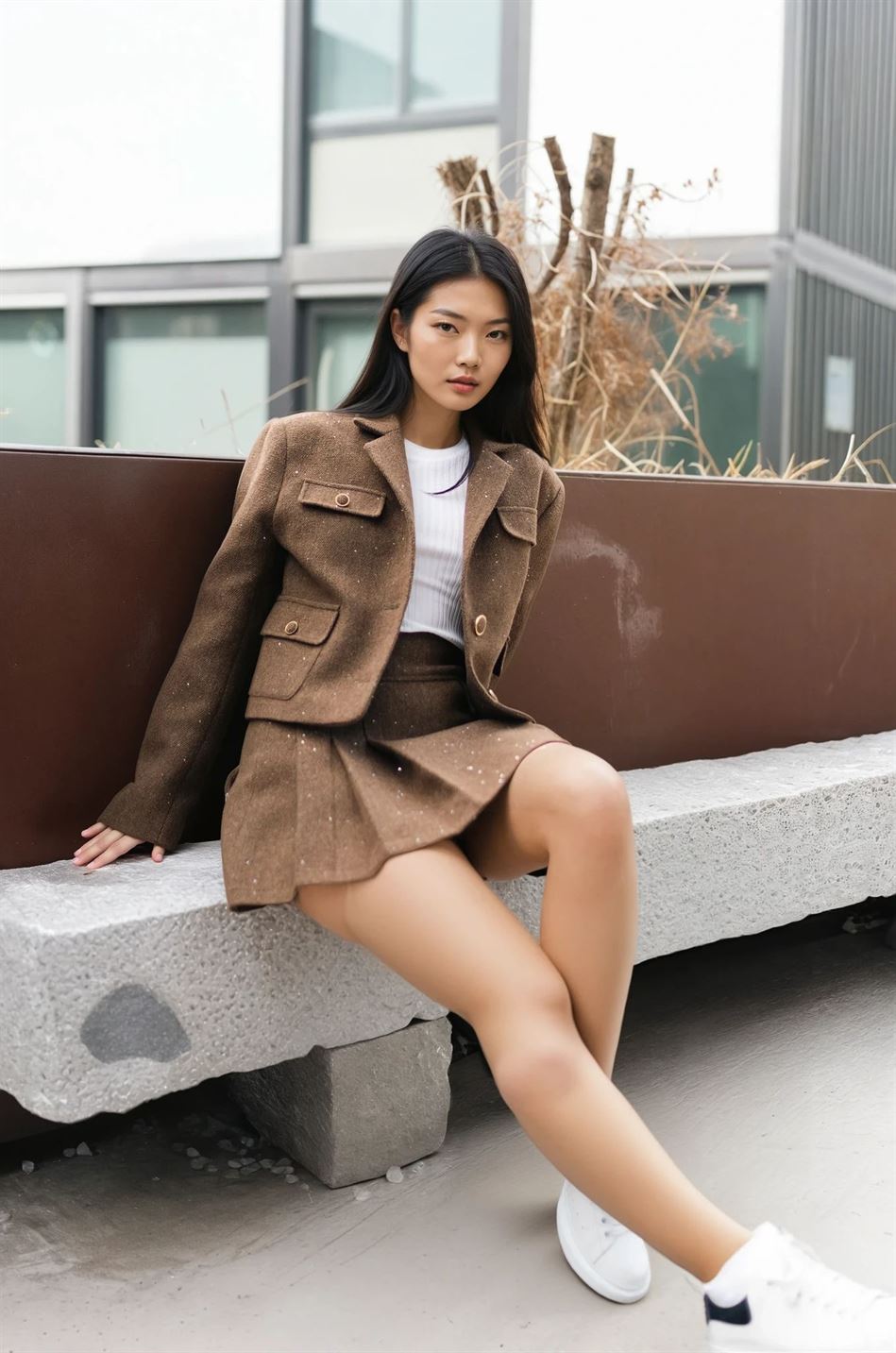 Jupe courte plissée en laine à détails cargo MJ264781