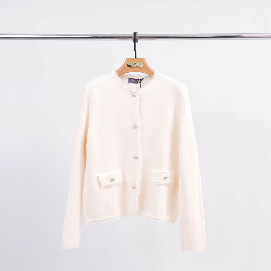 Short cardigan with mother-of-pearl buttons and frayed edges HY11057