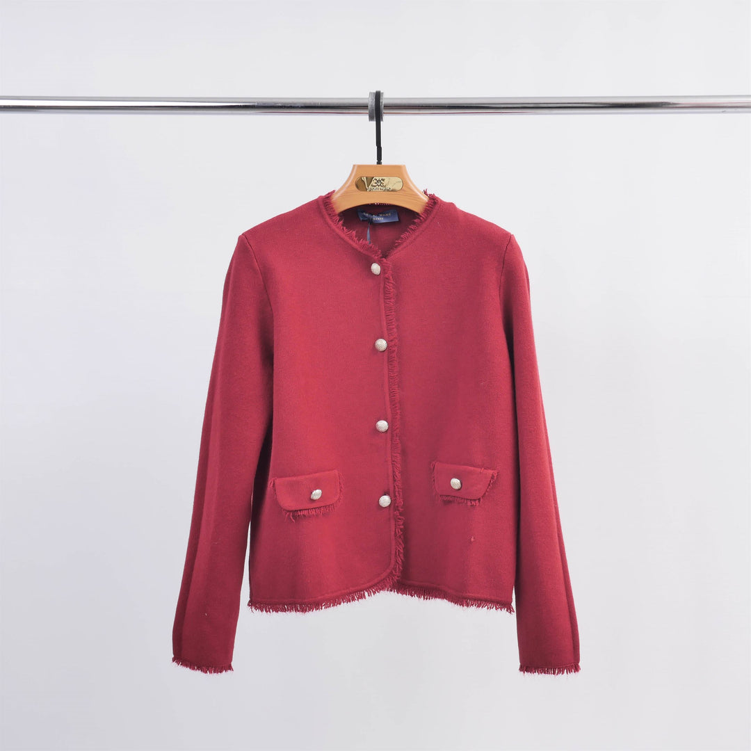 Short cardigan with mother-of-pearl buttons and frayed edges HY11057