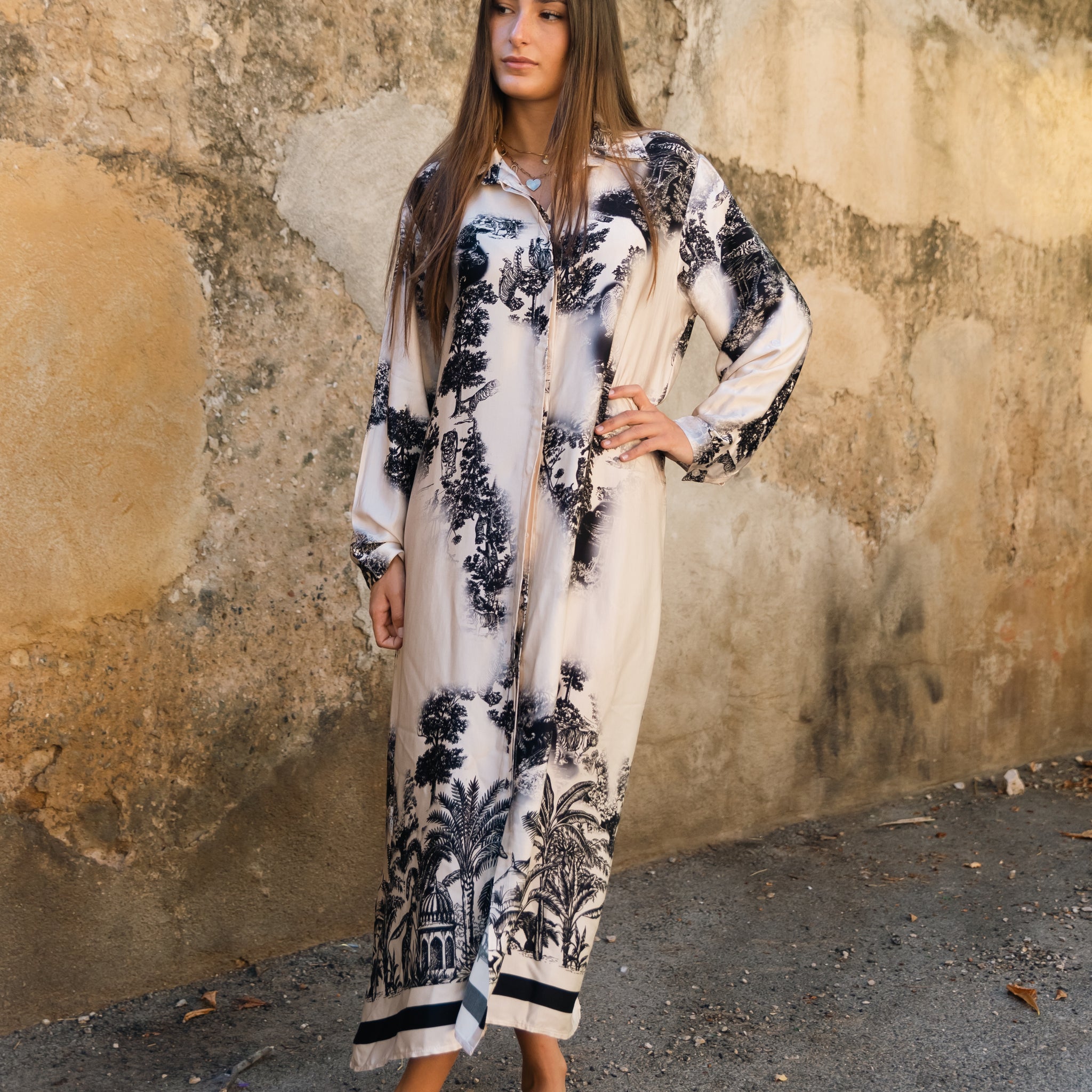 Robe longue fluide imprimé jungle en viscose et soie – KD6255VS-4