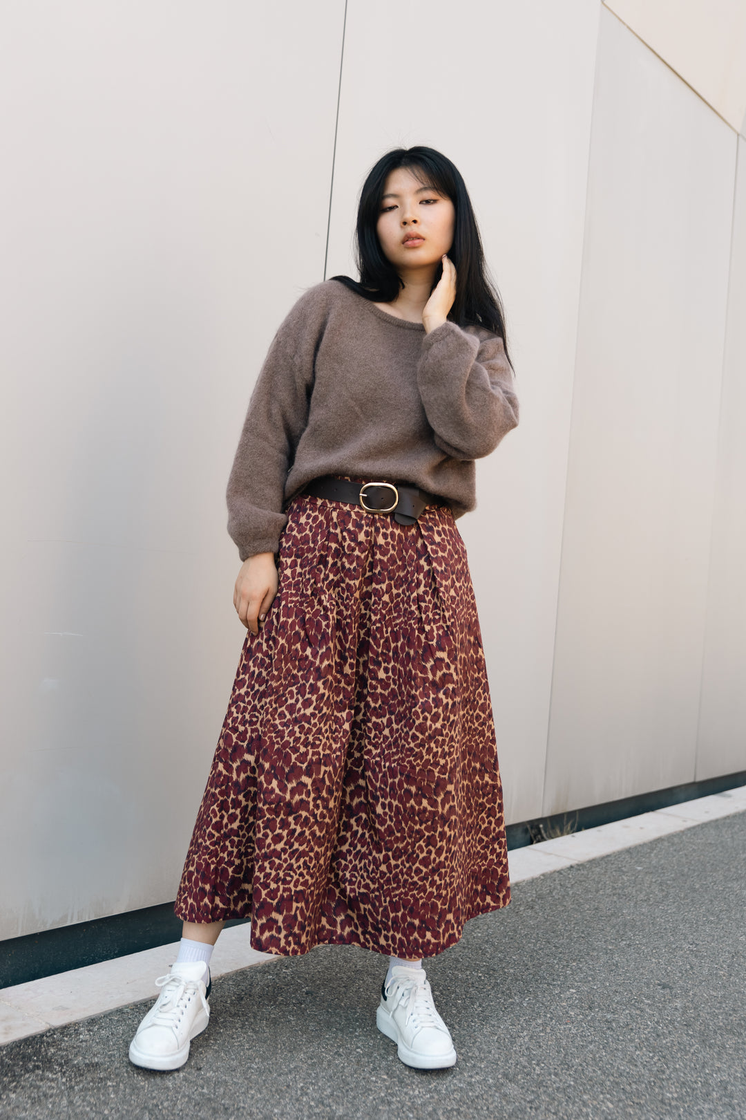 Jupe midi imprimé léopard ceinturée TDM52123-20