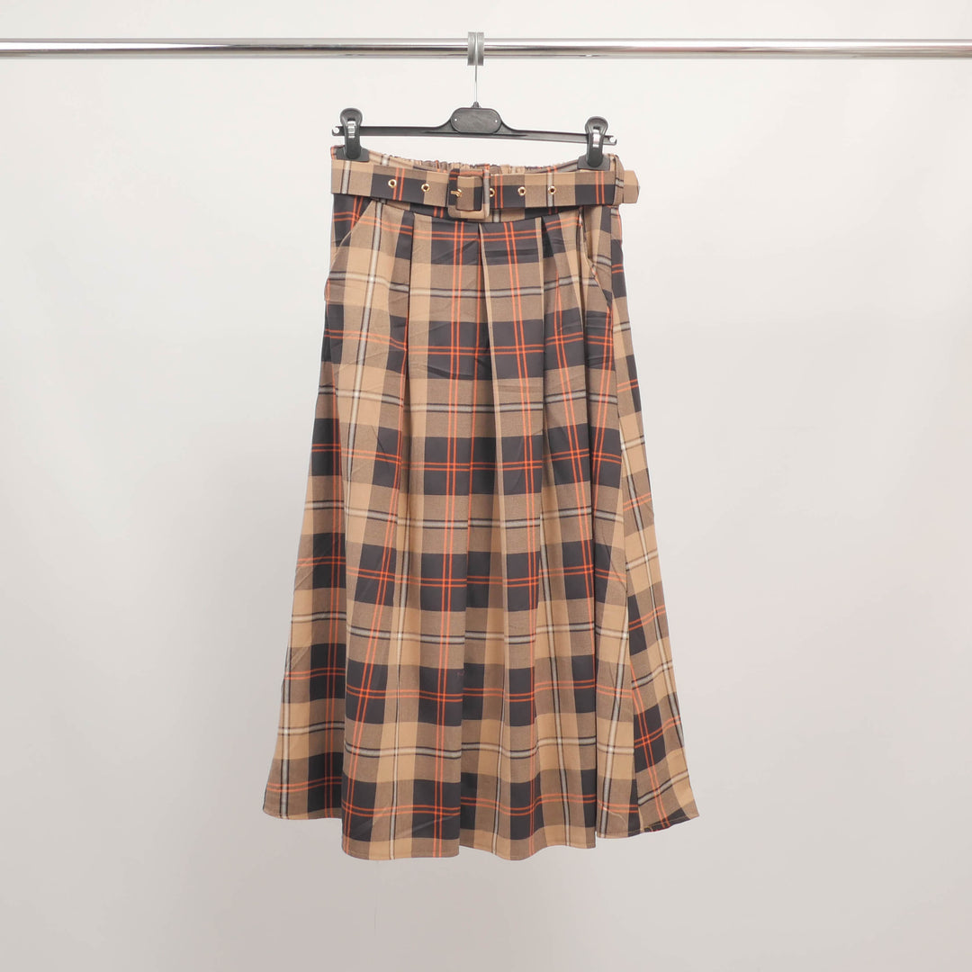 Checkered midi skirt with belt TDM72125-3