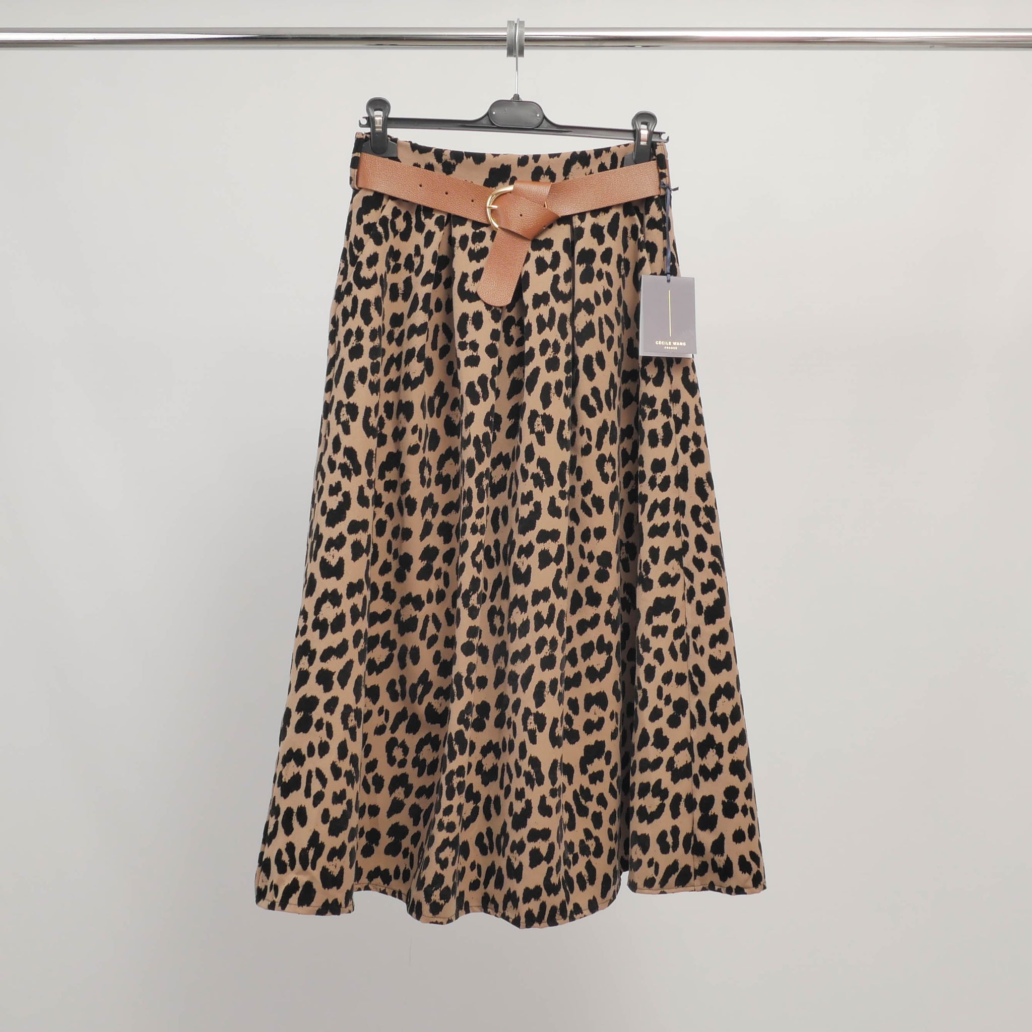 Jupe midi à motif léopard floqué ceinturée TDM52123FK