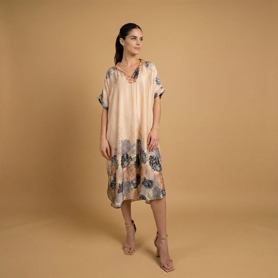 Robe satinée col chemise à imprimé hortensia – KD6917VS-5