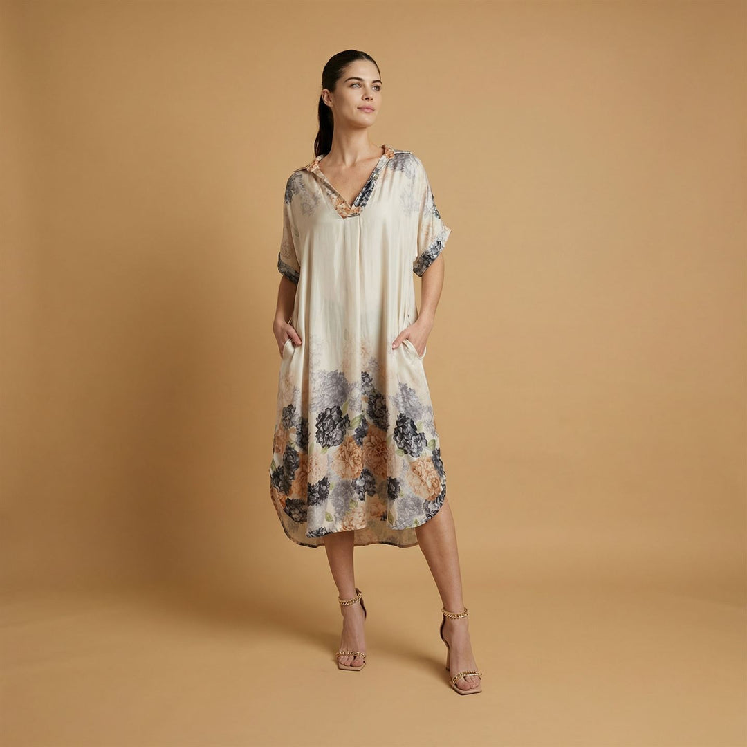 Robe satinée col chemise à imprimé hortensia – KD6917VS-5