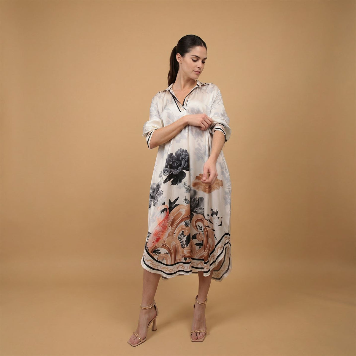 Floral print v neck satin dress kd9086vs 5 