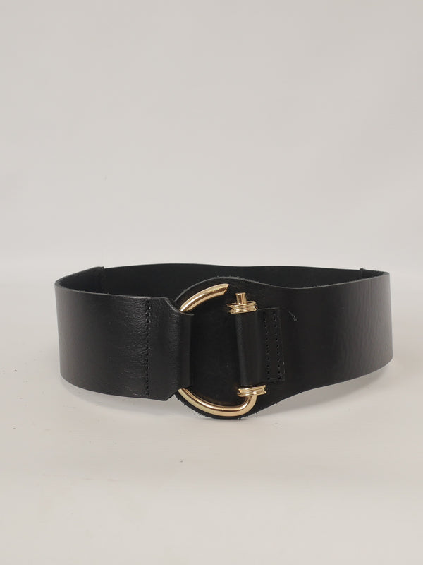 Ceinture large en cuir à boucle graphique dorée – BK0119