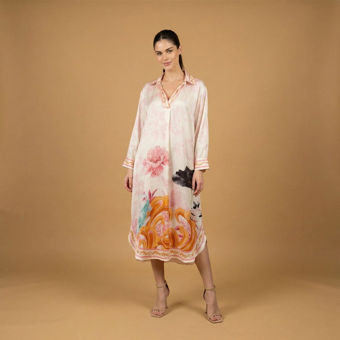 Robe satinée col V imprimé floral KD9086VS-5