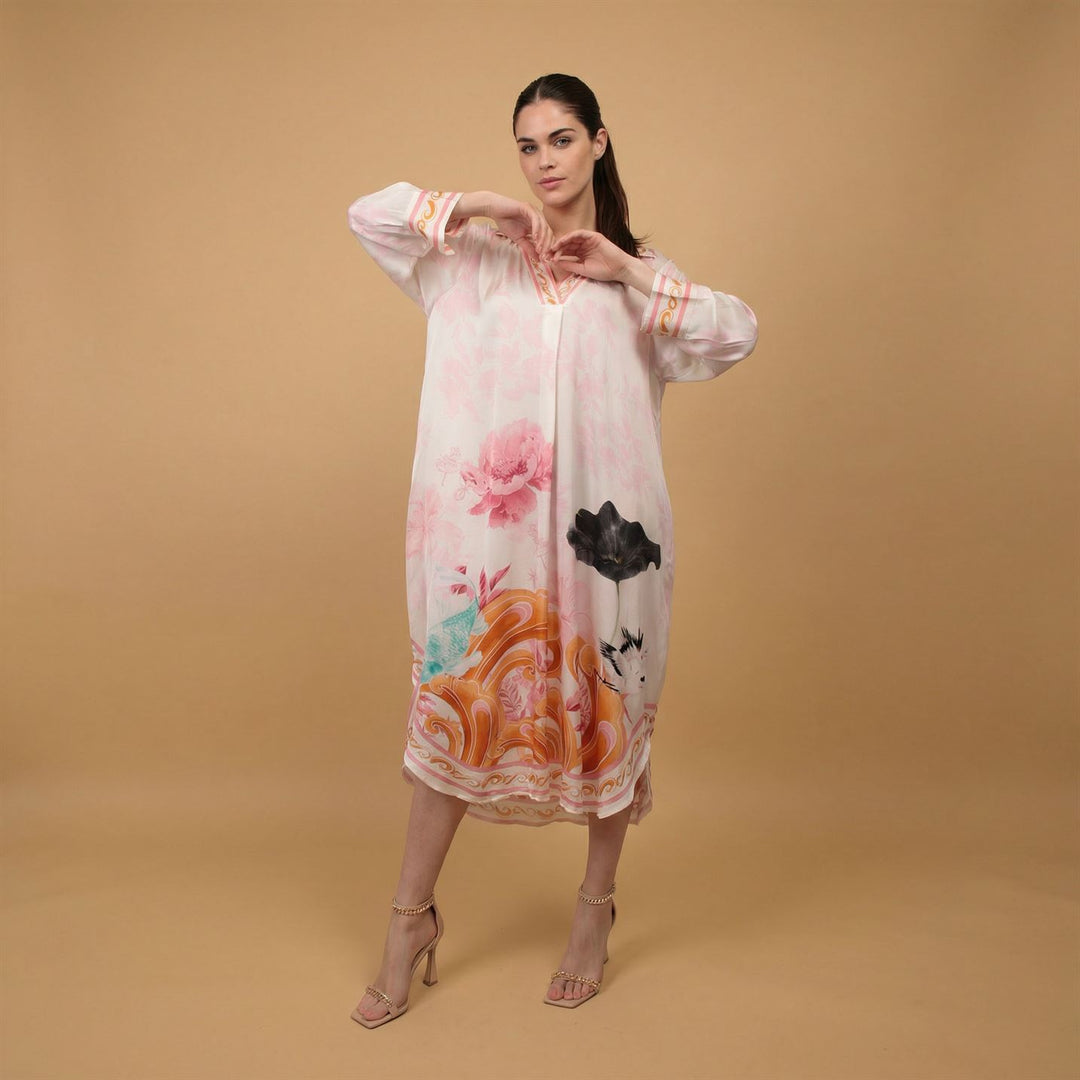 Robe satinée col V imprimé floral KD9086VS-5