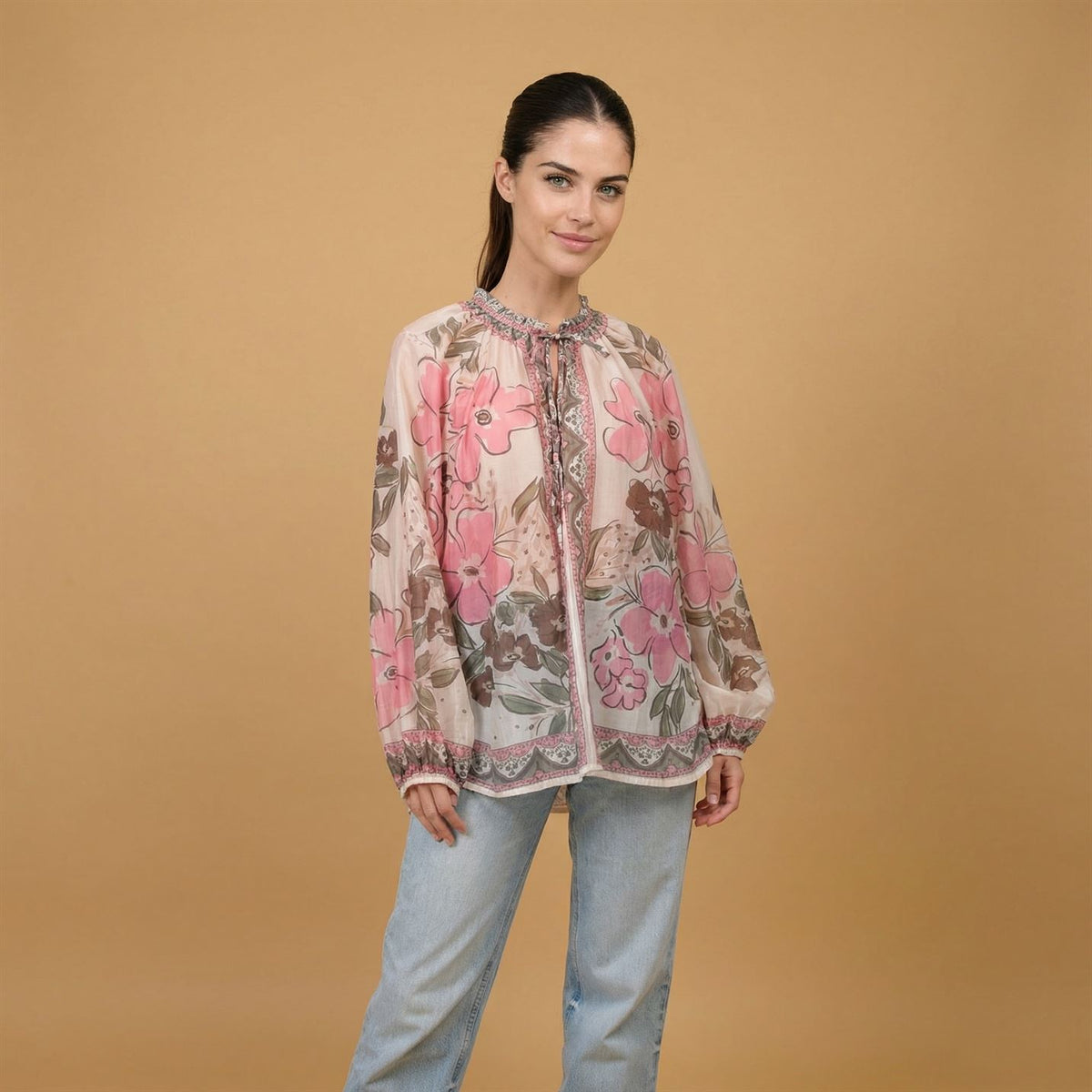 Blouse imprimée col liens volants bcr01796 2