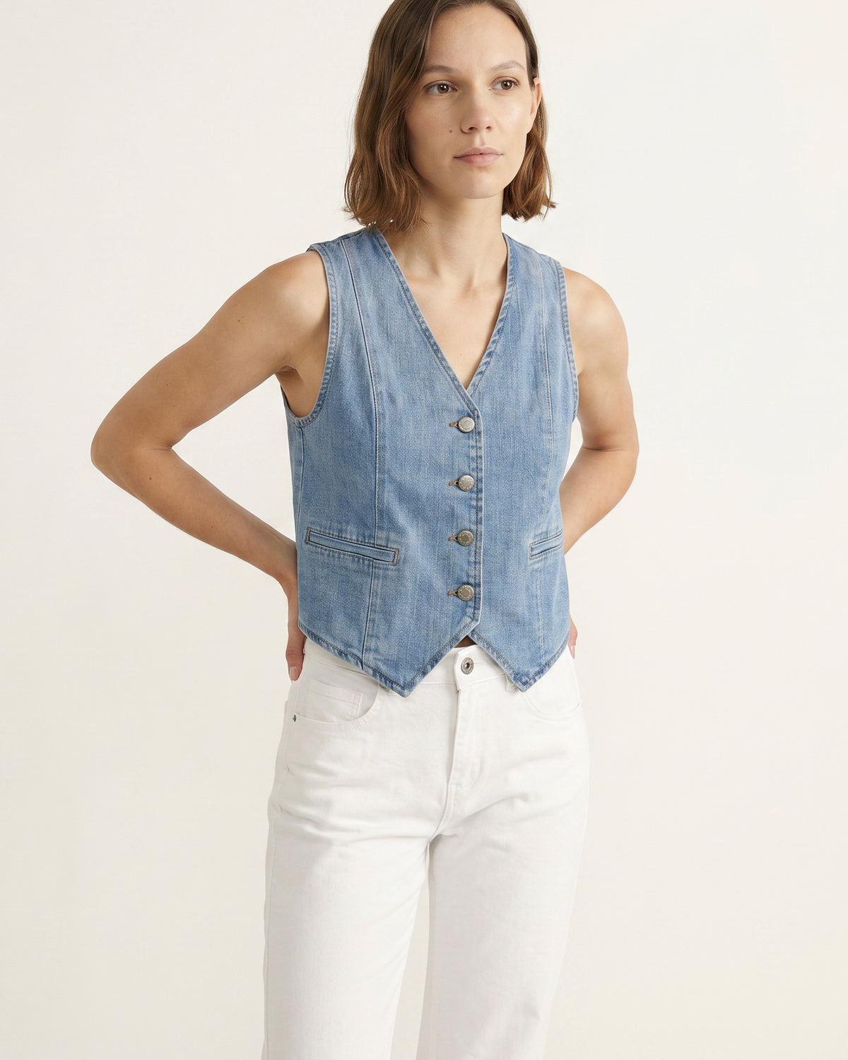 Fitted v neck button up denim vest sd9215